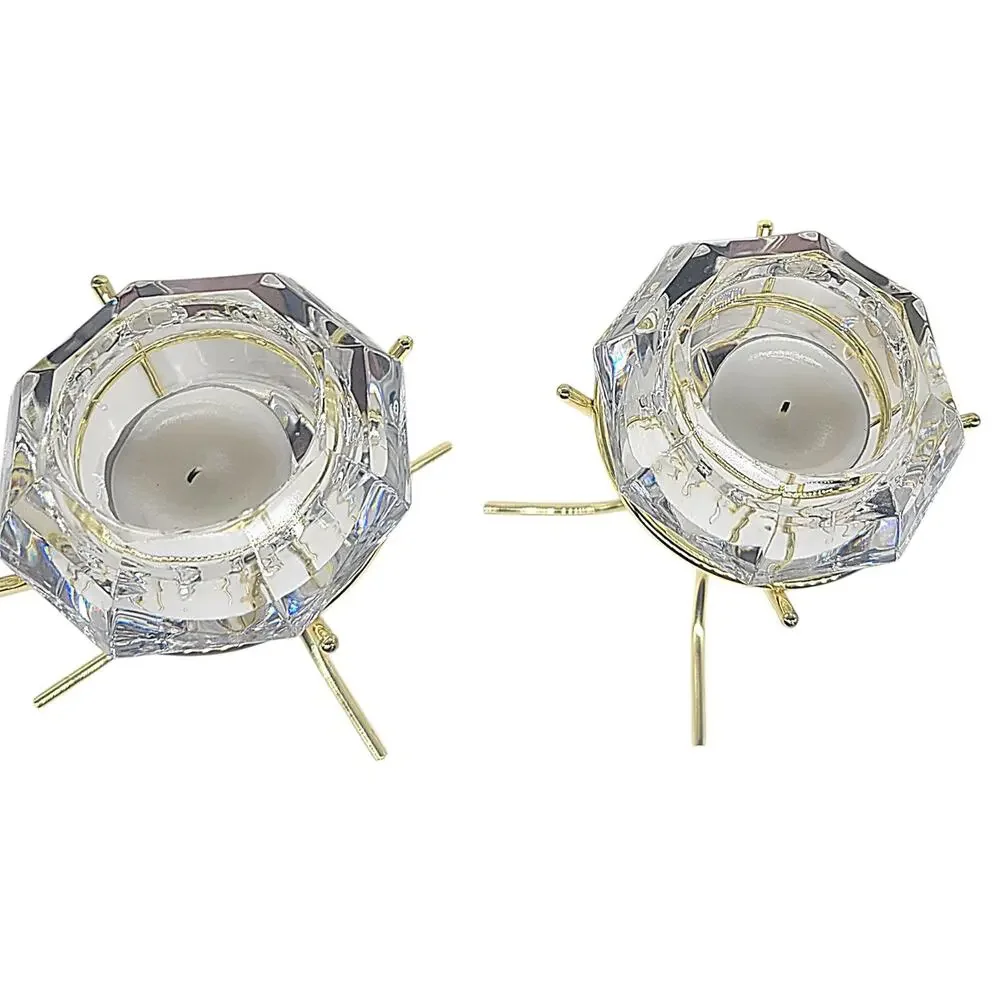 Partylite 2 Candle Votive Holder Faceted Diamond Cut Crystal Gold Tone Stand GRS - Picture 3 of 3